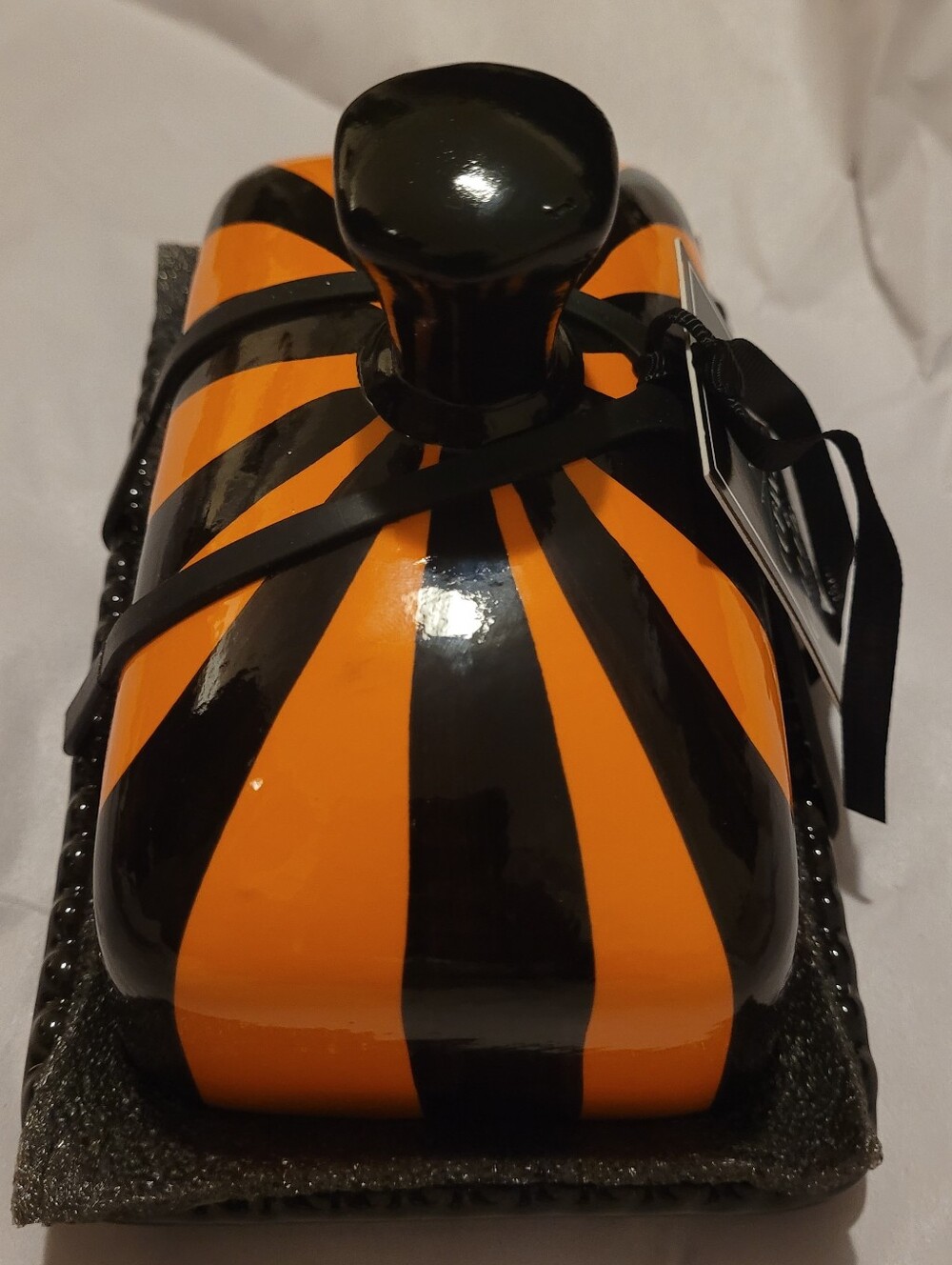 Cobwebs Cauldrons Halloween Butter Dish Spider Web Black Orange Striped Ceramic